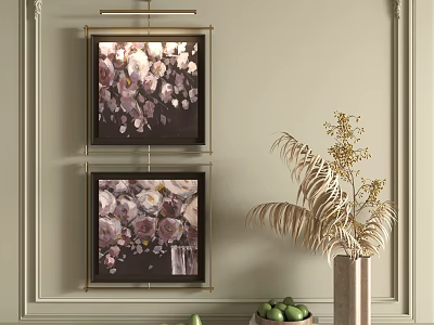 Two Abstract Flower Paintings Hanging On Beige Wall With Fern Plant Vase And Green Fruits 3d model