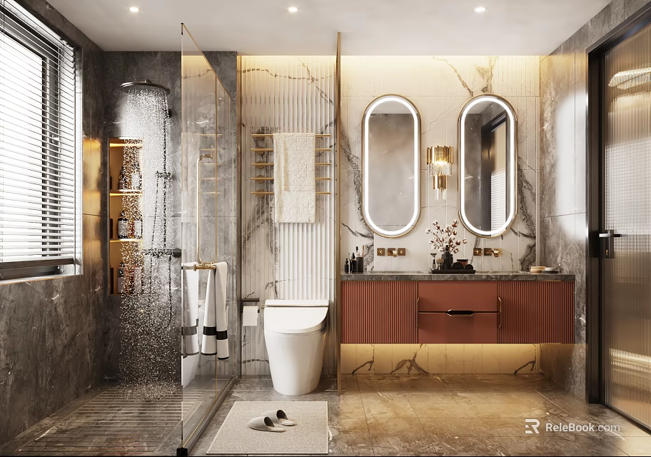 Modern Bathroom With Marble Walls Double Mirrors And Smart Toilet 3d model 