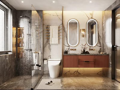 Modern Bathroom With Marble Walls Double Mirrors And Smart Toilet 3d model