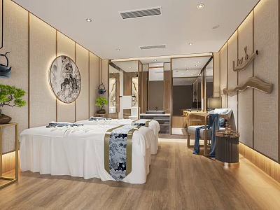 Elegant SPA Sauna Room With White Bed Sheets Round Painting Green Plants And Wooden Flooring 3d model