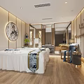 Elegant SPA Sauna Room With White Bed Sheets Round Painting Green Plants And Wooden Flooring