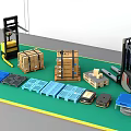 Industrial Equipment With Forklifts Various Colored Pallets And Stacked Boxes For Warehouse Handling