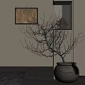 Bonsai Tree in Gray Ceramic Pot with Wall Painting and Glass Display Cabinet