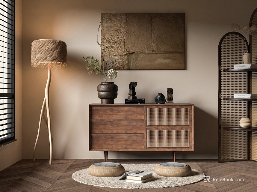 Natural Wooden Entryway Cabinet And Side Cabinet With Decorative Sculptures And Floor Lamp 3d model 