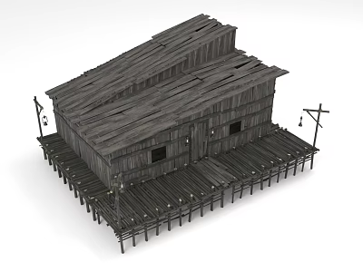 Wooden House With Sloped Roof And Wooden Plank Walls On Stilts Platform 3d model