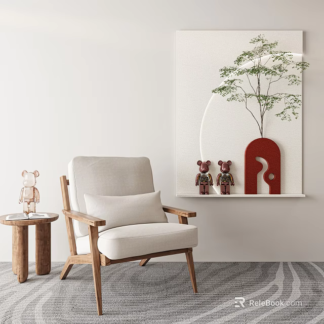 Beige Single Sofa With Wooden Frame And Decorative Bears In Modern Living Room 3d model 