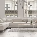 Bright Airy Minimalist Living Room With Large L Shaped Sofa And Light Wood Coffee Table