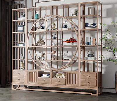 Traditional Chinese Wooden Display Shelf With Books Decorative Items Tea Sets Circular Design And Drawers 3d model