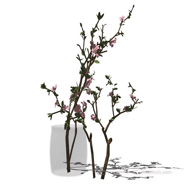 Elegant Floral Arrangement in White Vase with Pink Blossoms Green Leaves and Branches 3d model 