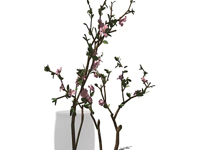 Elegant Floral Arrangement in White Vase with Pink Blossoms Green Leaves and Branches 3d model
