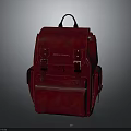 Stylish Red Leather Backpack With Metal Buckles And Front Pocket Detail