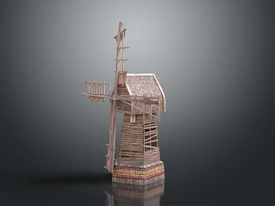 Handcrafted Wooden Windmill Model With Rotating Blades Staircase And Detailed Roof Design 3d model