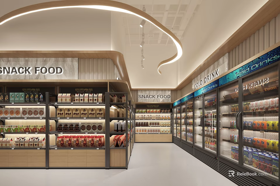 Supermarket Grocery Store Interior With Snack Food Section Fresh Produce Shelves And Refrigerated Display Cases 3d model 