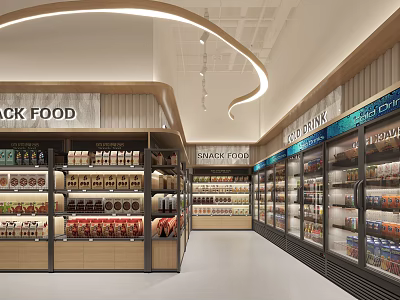 Supermarket Grocery Store Interior With Snack Food Section Fresh Produce Shelves And Refrigerated Display Cases 3d model