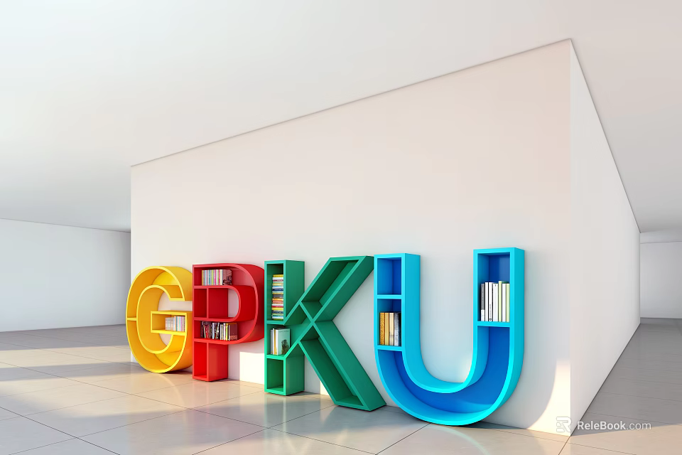 Colorful Alphabet Shaped Bookcases Letters G P K U Yellow Red Green Blue With Books 3d model 
