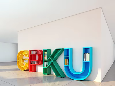 Colorful Alphabet Shaped Bookcases Letters G P K U Yellow Red Green Blue With Books 3d model