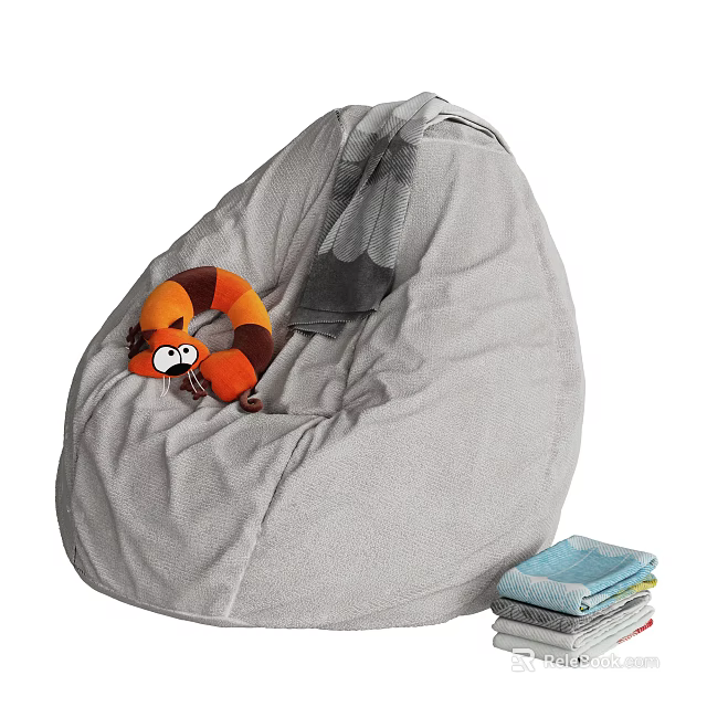 Gray Comfy Bean Bag Chair with Stuffed Toy Blanket and Stacked Books 3d model 
