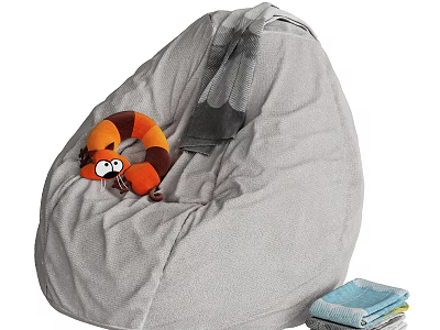 Gray Comfy Bean Bag Chair with Stuffed Toy Blanket and Stacked Books 3d model