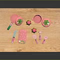 Pink Children's Kitchen Utensils Set With Wooden Cutting Board And Strawberry Design