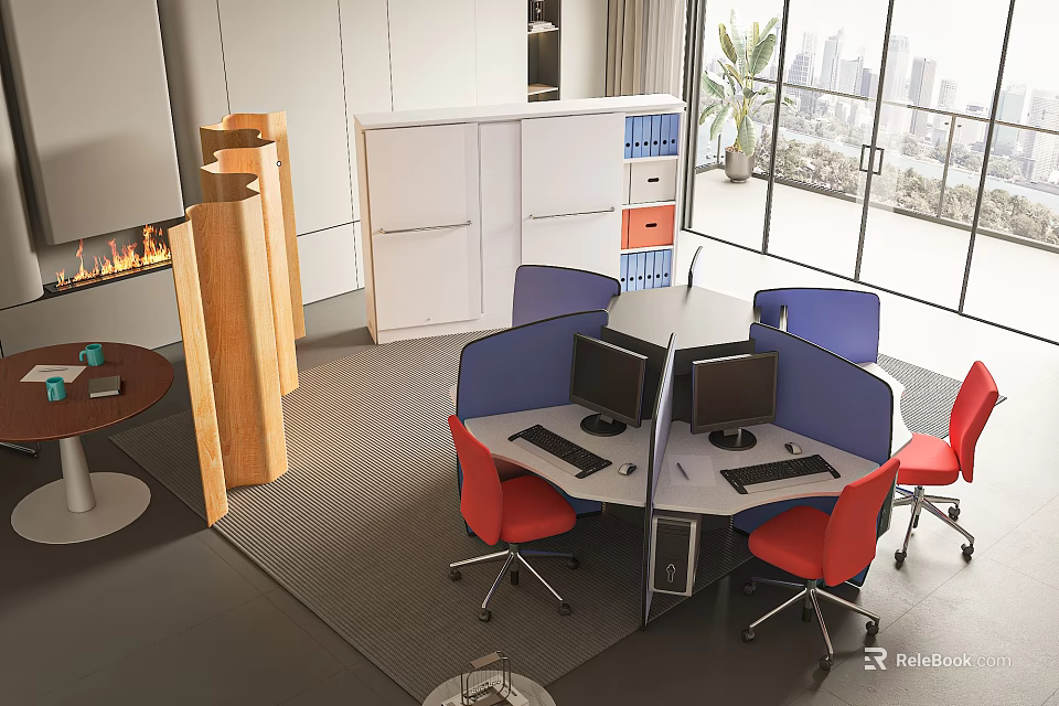 Modern Office Desk Setup With Ergonomic Chairs Computer Monitors And Partition Screens 3d model 