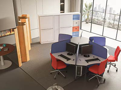 Modern Office Desk Setup With Ergonomic Chairs Computer Monitors And Partition Screens 3d model