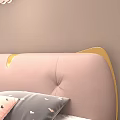 Pink Kids Bed With Curved Gold Headboard Moon Crown Smiling Face Stars Cloud Wall Decor