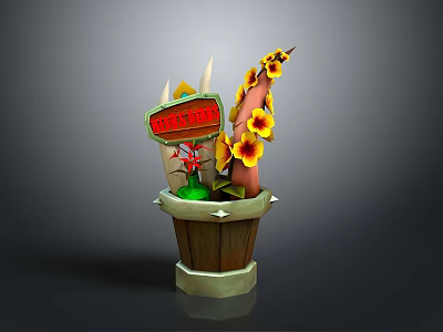 Cartoon Style Flower Pot With TACO TIME Sign Yellow Flowers And Sausage Decorations 3d model