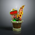 Cartoon Style Flower Pot With TACO TIME Sign Yellow Flowers And Sausage Decorations