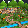 Colorful Cartoon Village Scene With Green Mountains White Peaks And River