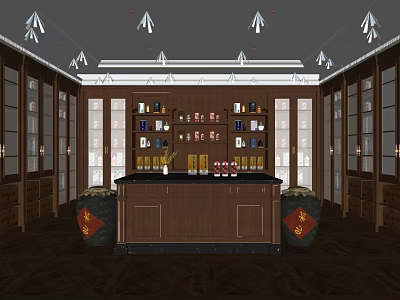 Classic Wine Cellar Interior With Wooden Shelves Wine Bottles Decorative Barrels And Ceiling Lights 3d model
