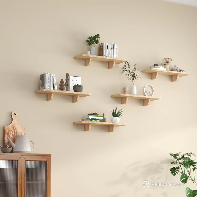 Wooden Wall Shelves with Books Plants and Decor in Living Room 3d model 