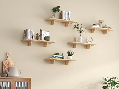 Wooden Wall Shelves with Books Plants and Decor in Living Room 3d model