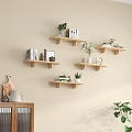 Wooden Wall Shelves with Books Plants and Decor in Living Room