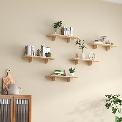 Wooden Wall Shelves with Books Plants and Decor in Living Room 3d model