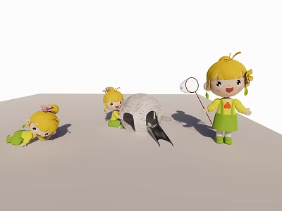 Cute Yellow Haired Dolls In Green Clothes Lying Kneeling And Holding Net Playing With Shell 3d model