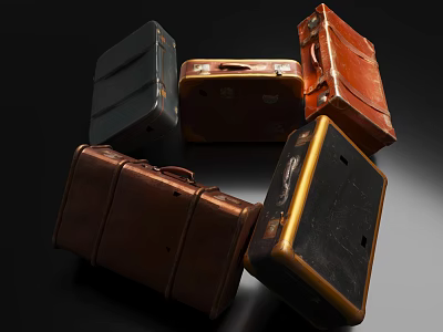 Vintage Leather Suitcases In Various Colors With Classic Design And Stacked Arrangement 3d model