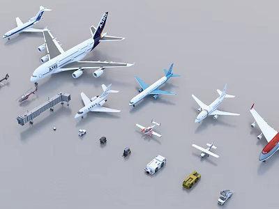 Various Detailed Passenger Airplane Models With Airport Vehicles And Accessories 3d model