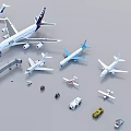 Various Detailed Passenger Airplane Models With Airport Vehicles And Accessories