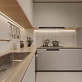 Modern White Kitchen Interior With Cabinets Dishwasher Hanging Utensils And Cutting Board