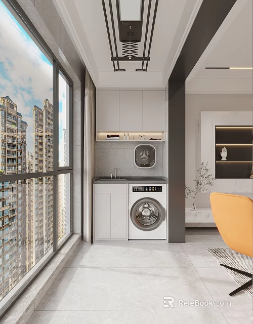 Modern Home Balcony With Washing Machine Sink Cabinet And High Rise View 3d model 