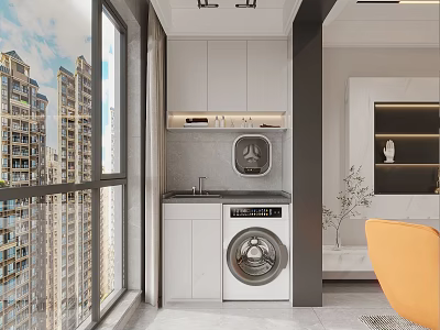 Modern Home Balcony With Washing Machine Sink Cabinet And High Rise View 3d model