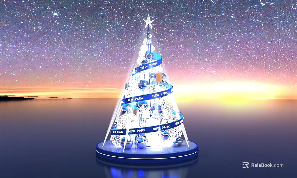 Festive Illuminated Christmas Tree With Starry Sky Background Blue Ribbons Decorative Balls And Reflective Base 3d model 