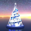 Festive Illuminated Christmas Tree With Starry Sky Background Blue Ribbons Decorative Balls And Reflective Base