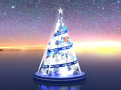 Festive Illuminated Christmas Tree With Starry Sky Background Blue Ribbons Decorative Balls And Reflective Base 3d model