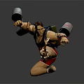 Muscular Man In Black Tank Top Red Shorts With Metal Buckets Spear Dynamic Kicking Pose