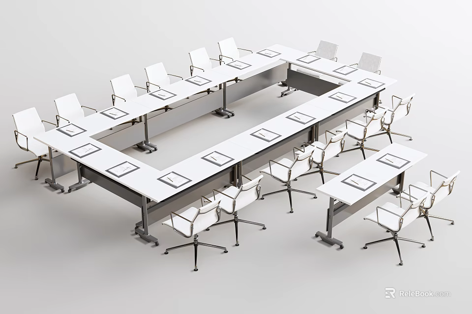 Large Modern Conference Table With White Rolling Chairs In Office Setup 3d model