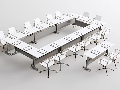 Large Modern Conference Table With White Rolling Chairs In Office Setup 3d model