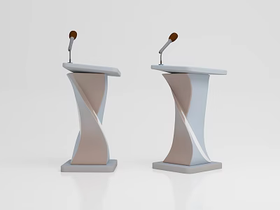 Two Modern Podiums With Curved Design Light Gray And Brown With Microphones 3d model