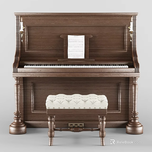 Vintage Wooden Piano With Sheet Music And Tufted Bench Musical Instruments 3d model 