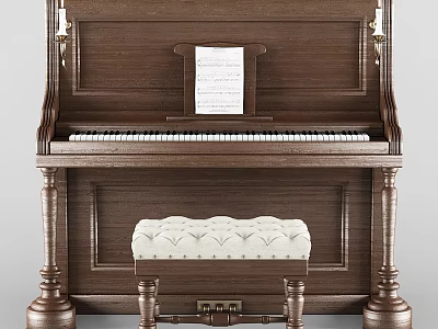 Vintage Wooden Piano With Sheet Music And Tufted Bench Musical Instruments 3d model